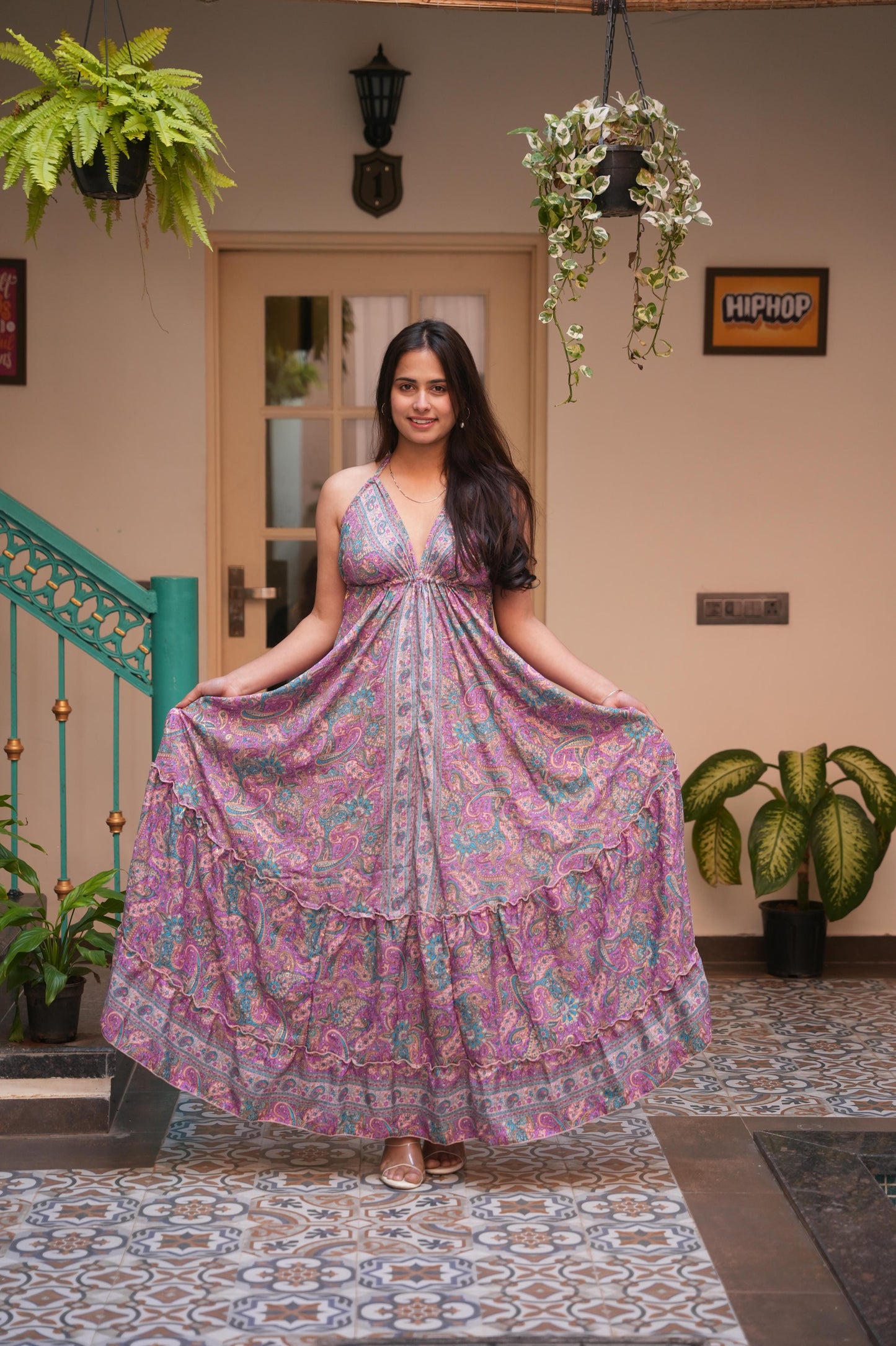 Aurelie jungleebille boho majenta pejali gold frill long dress