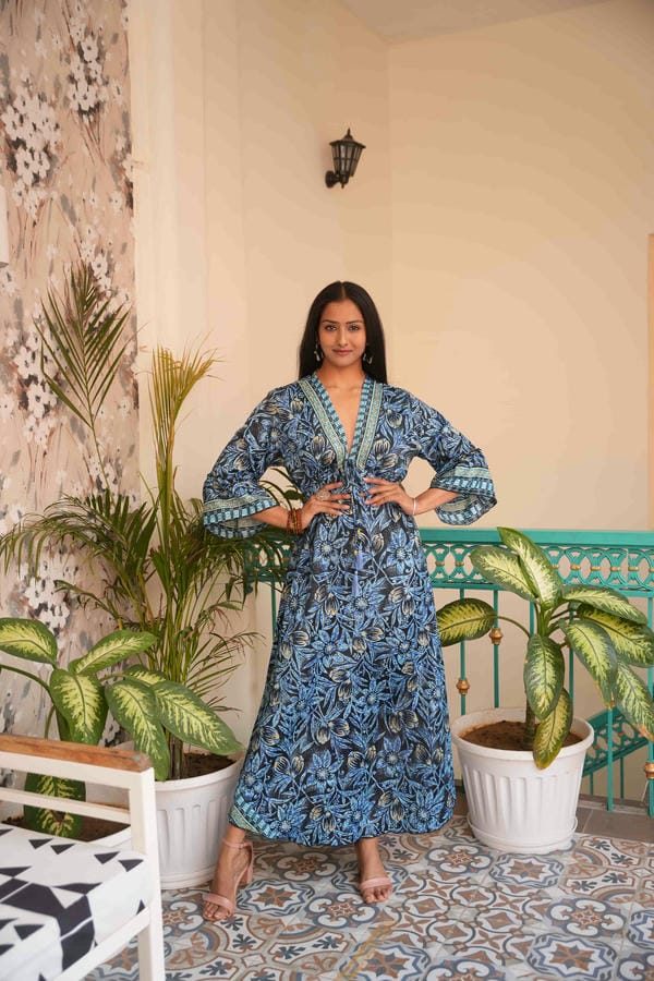 Beatrice Jungleebille Boho Deep Marin Blue Flower Gold V Neck Dress