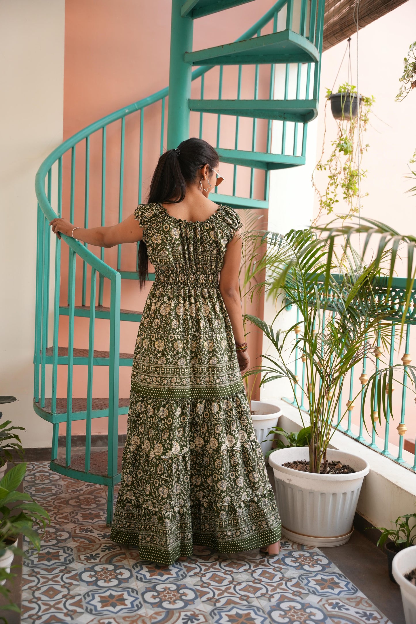 Olivia jungleebille boho olive green flower gold elastic long frill dress