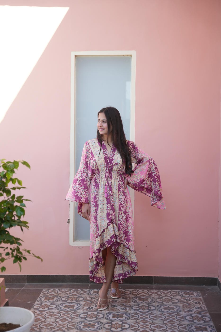 ZELLA JUNGLLEBILLE PINK MAJENTA BUTTERFLY SLEEV HIGH LOW BOHO DRESS
