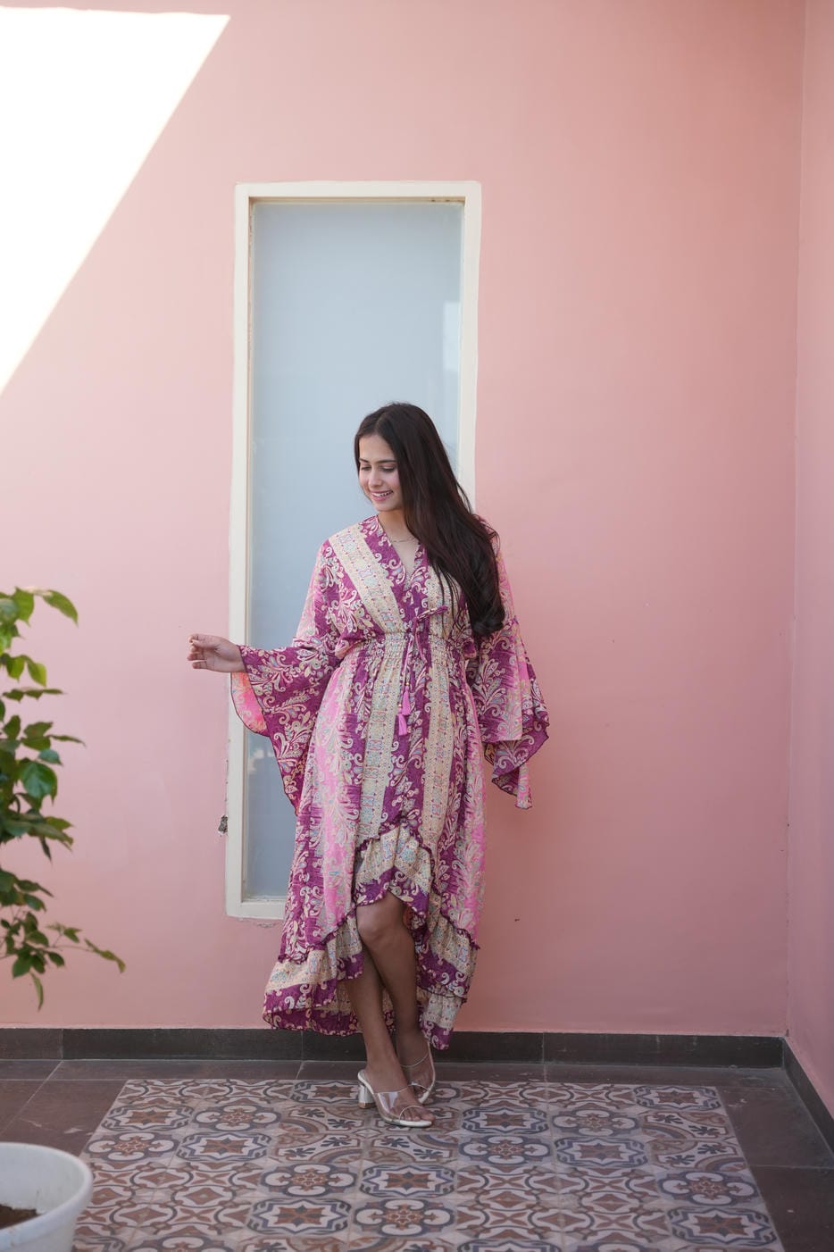 ZELLA JUNGLLEBILLE PINK MAJENTA BUTTERFLY SLEEV HIGH LOW BOHO DRESS