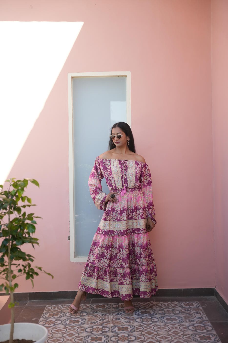 GYPSY JUNGLLE BILLE PURPEL-PINK COLD SHOULDER LONG BOHO MAXI