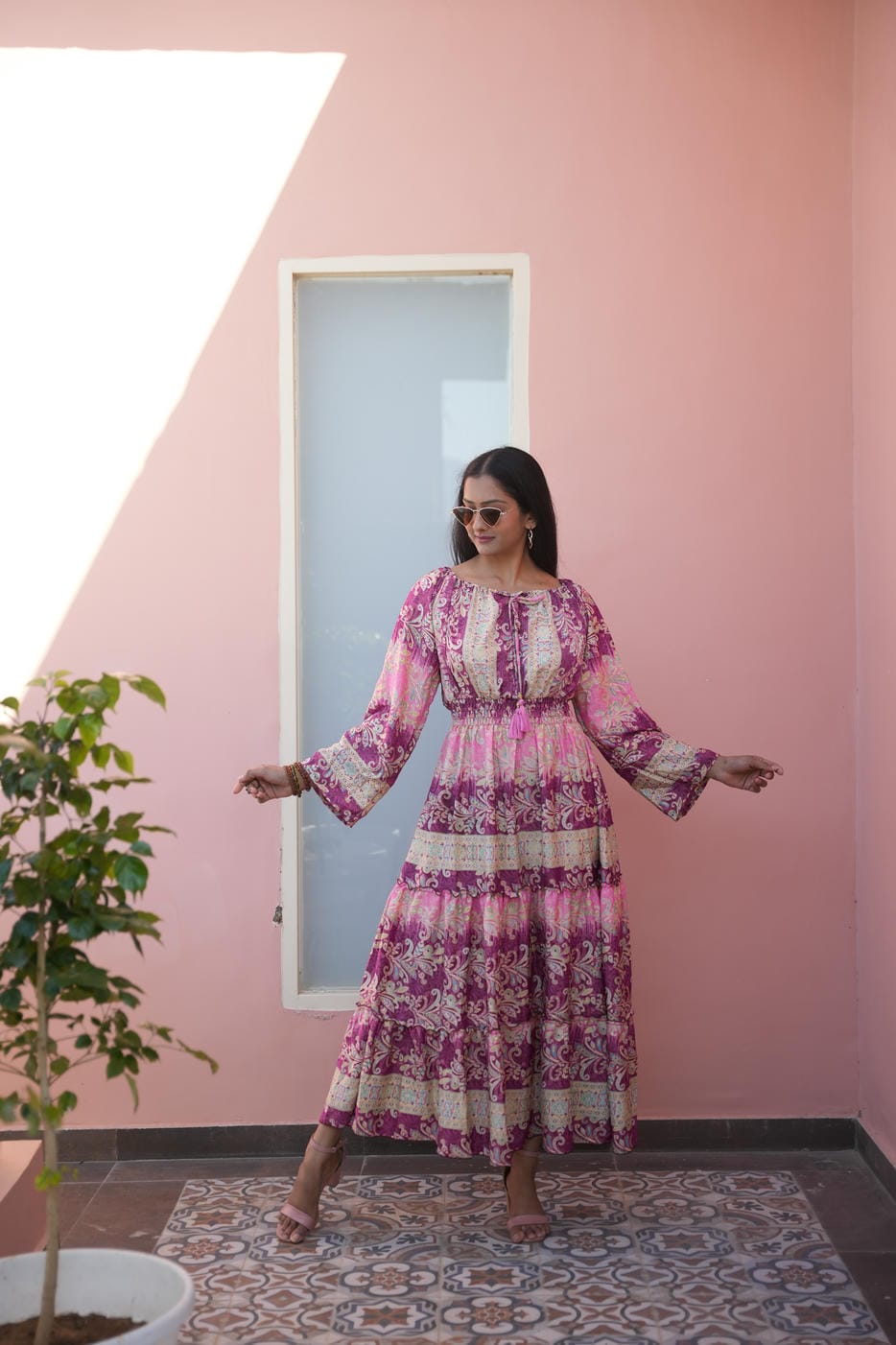GYPSY JUNGLLE BILLE PURPEL-PINK COLD SHOULDER LONG BOHO MAXI