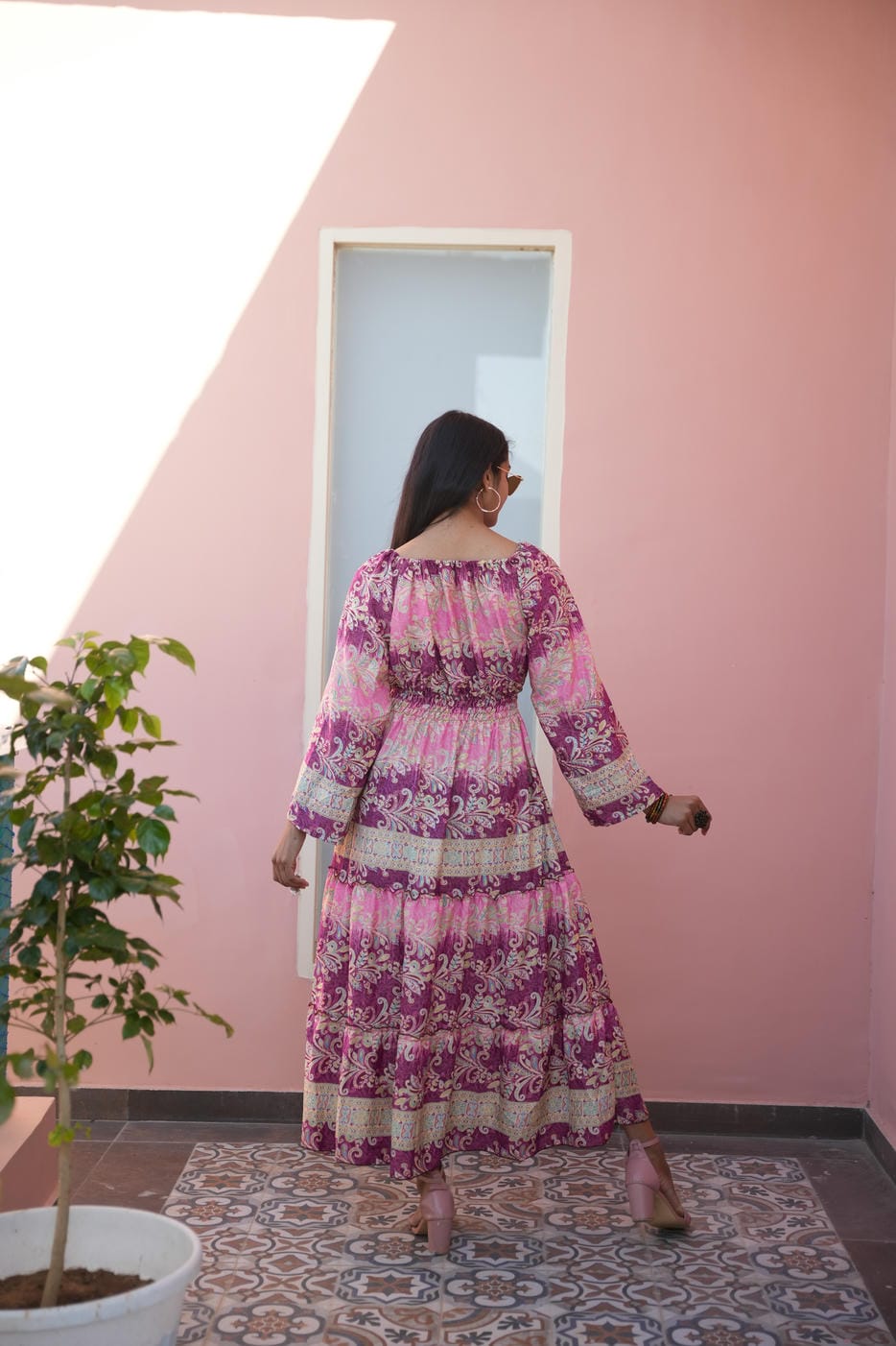 GYPSY JUNGLLE BILLE PURPEL-PINK COLD SHOULDER LONG BOHO MAXI