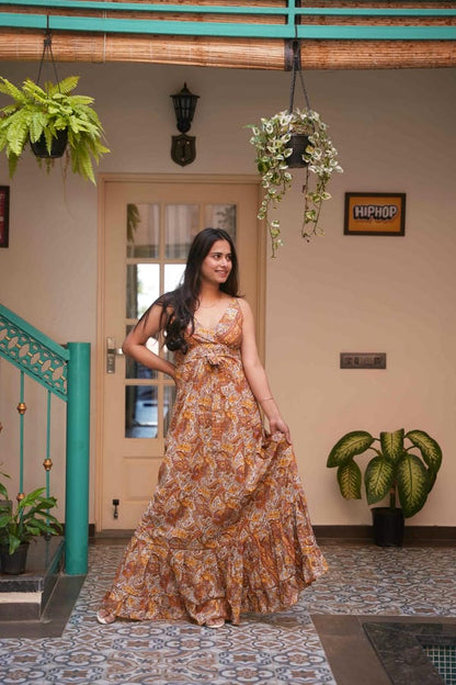 Haven Jungleebille Boho Yellow Gold Pejali With Front Belt Long Frill Dress