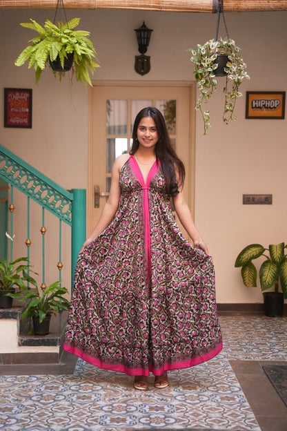 Lily Jungleebille Boho Pink Flower With Gold Back Less Long Frill Dress