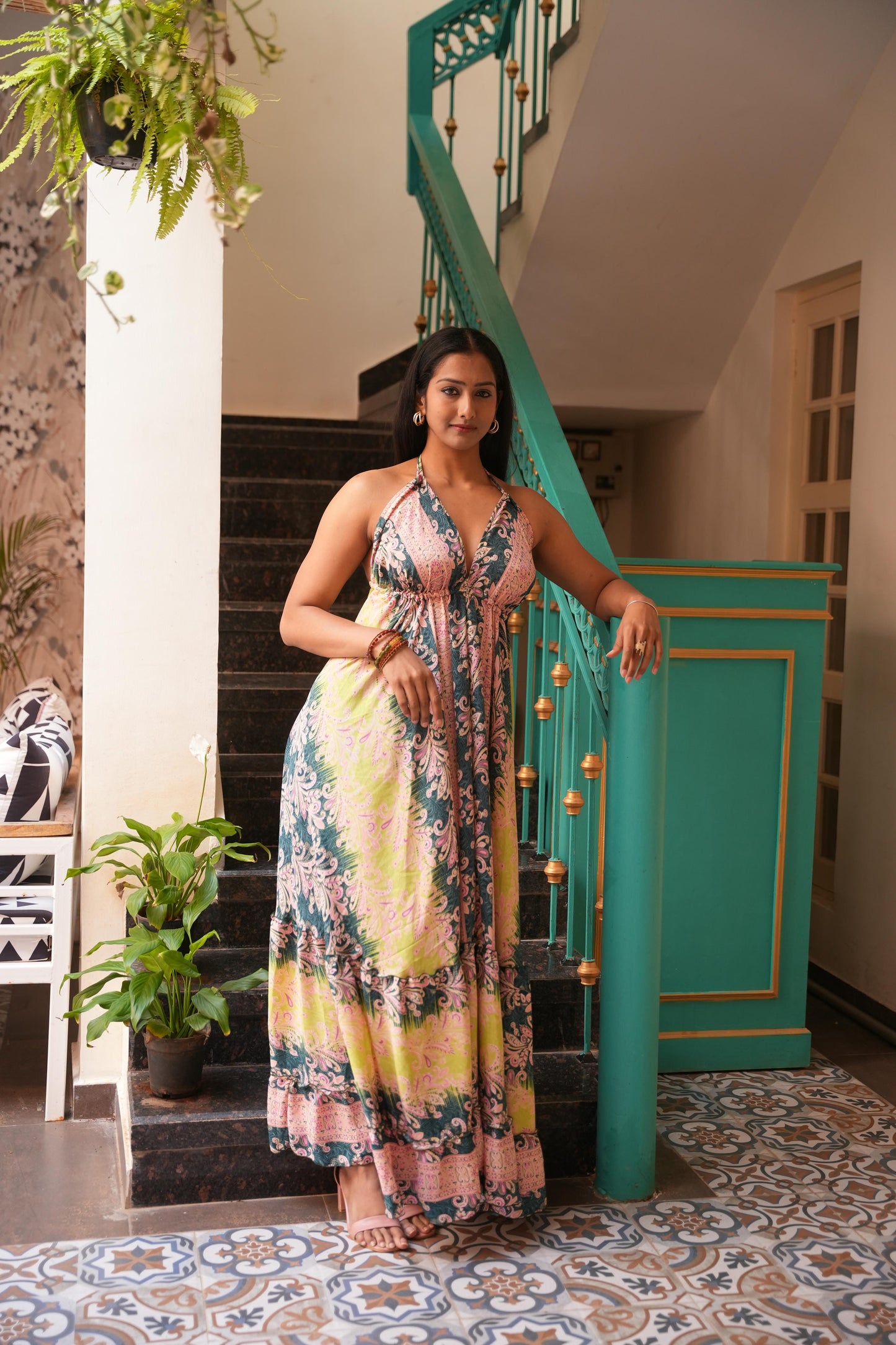 Sofia jungleebille boho olive lemon shaded back less long frill dress