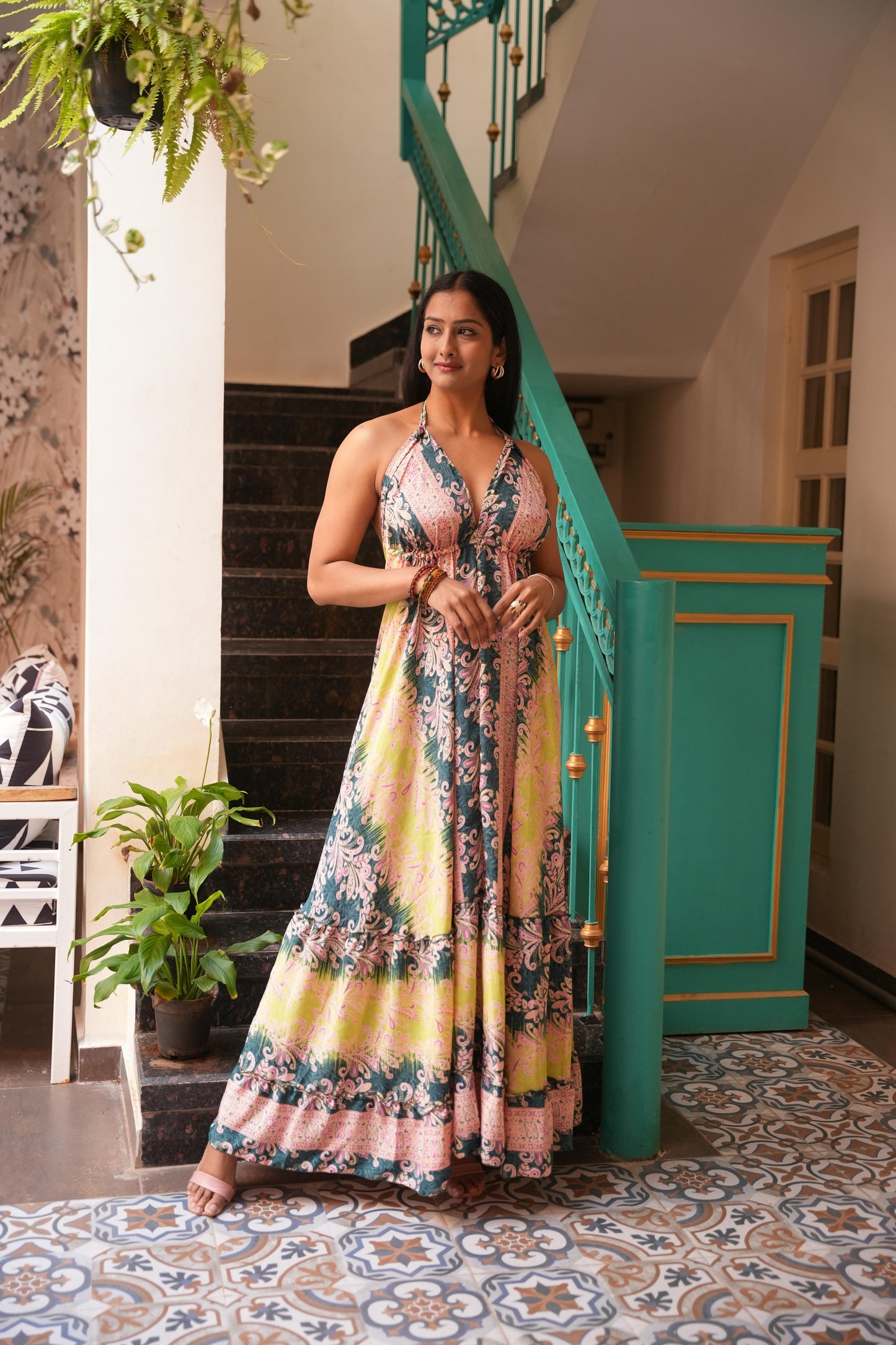 Sofia jungleebille boho olive lemon shaded back less long frill dress