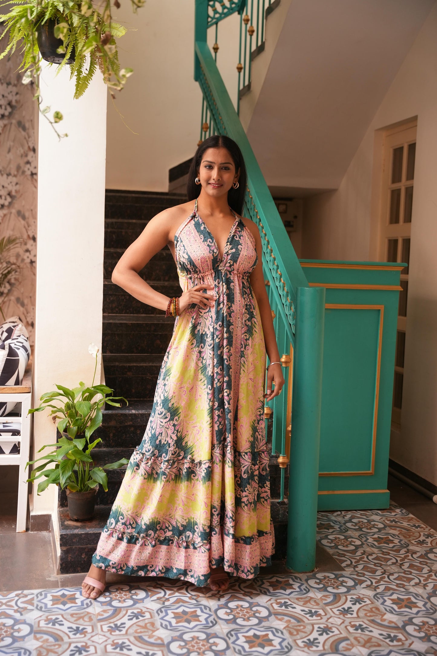 Sofia jungleebille boho olive lemon shaded back less long frill dress