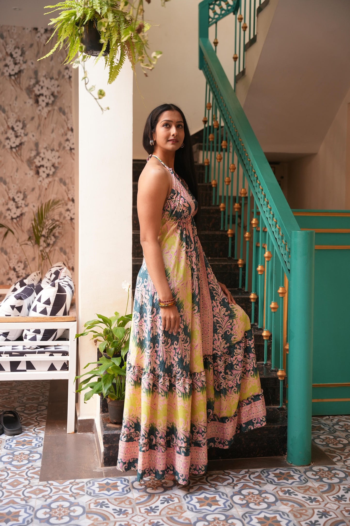 Sofia jungleebille boho olive lemon shaded back less long frill dress