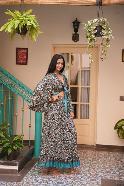 Silas Jungleebille Boho Tourquies Flower Gold With Skirt Top Long Frill Dress with Butterfly Sleev