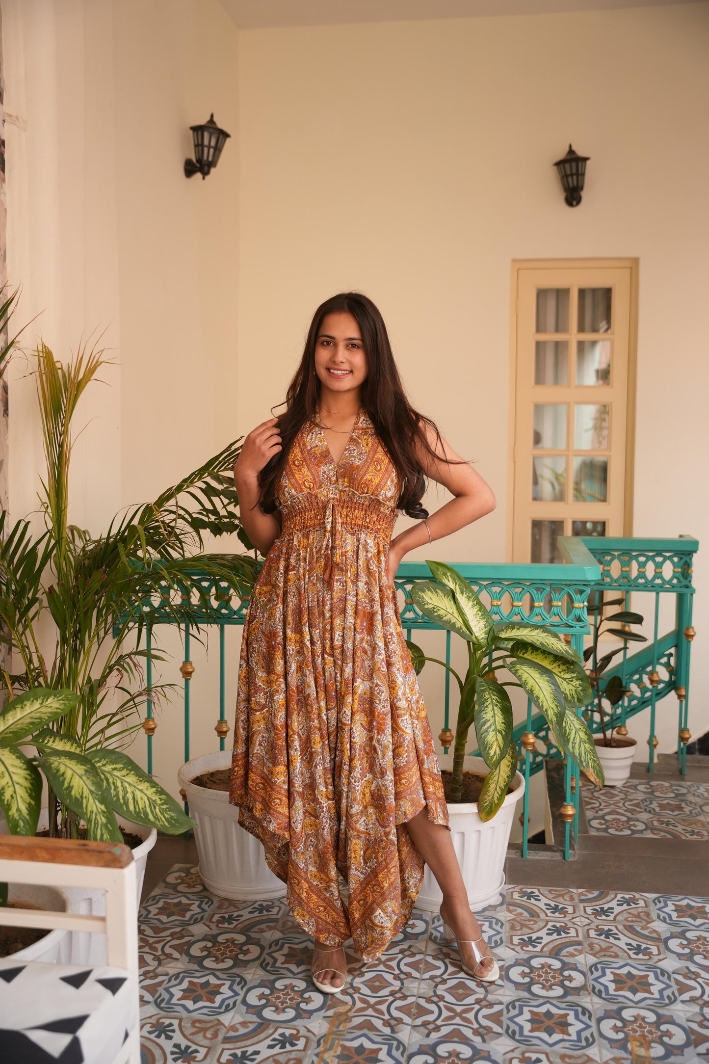 Freya jungleebille boho yellow gold pejali back less long jumpsuit