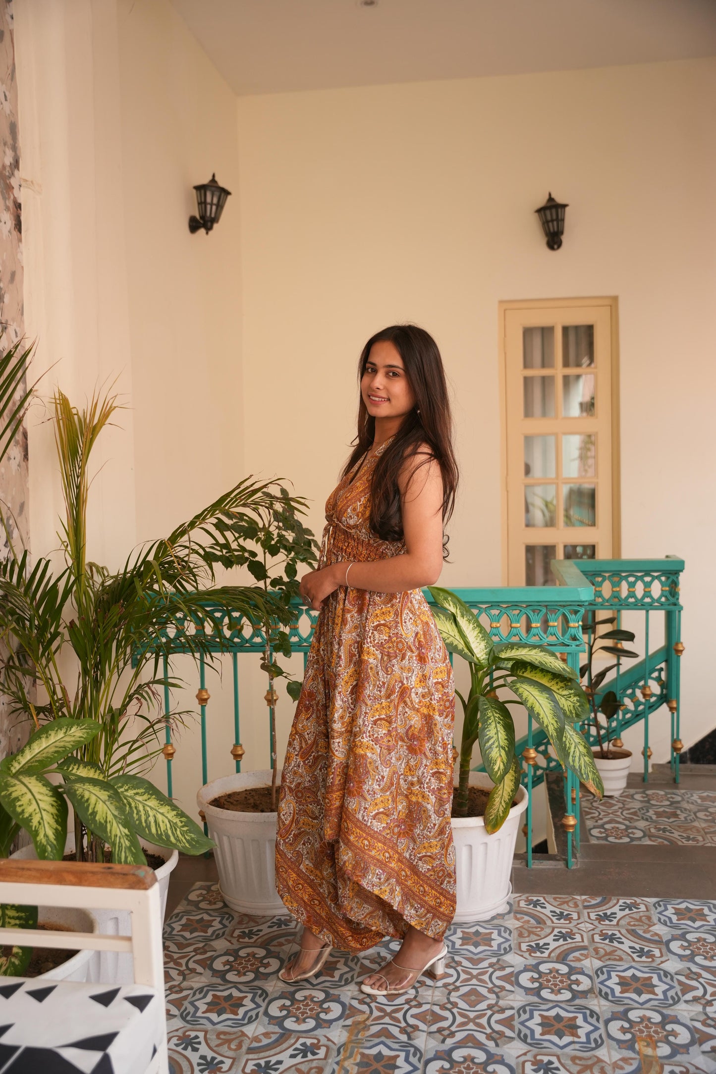 Freya jungleebille boho yellow gold pejali back less long jumpsuit