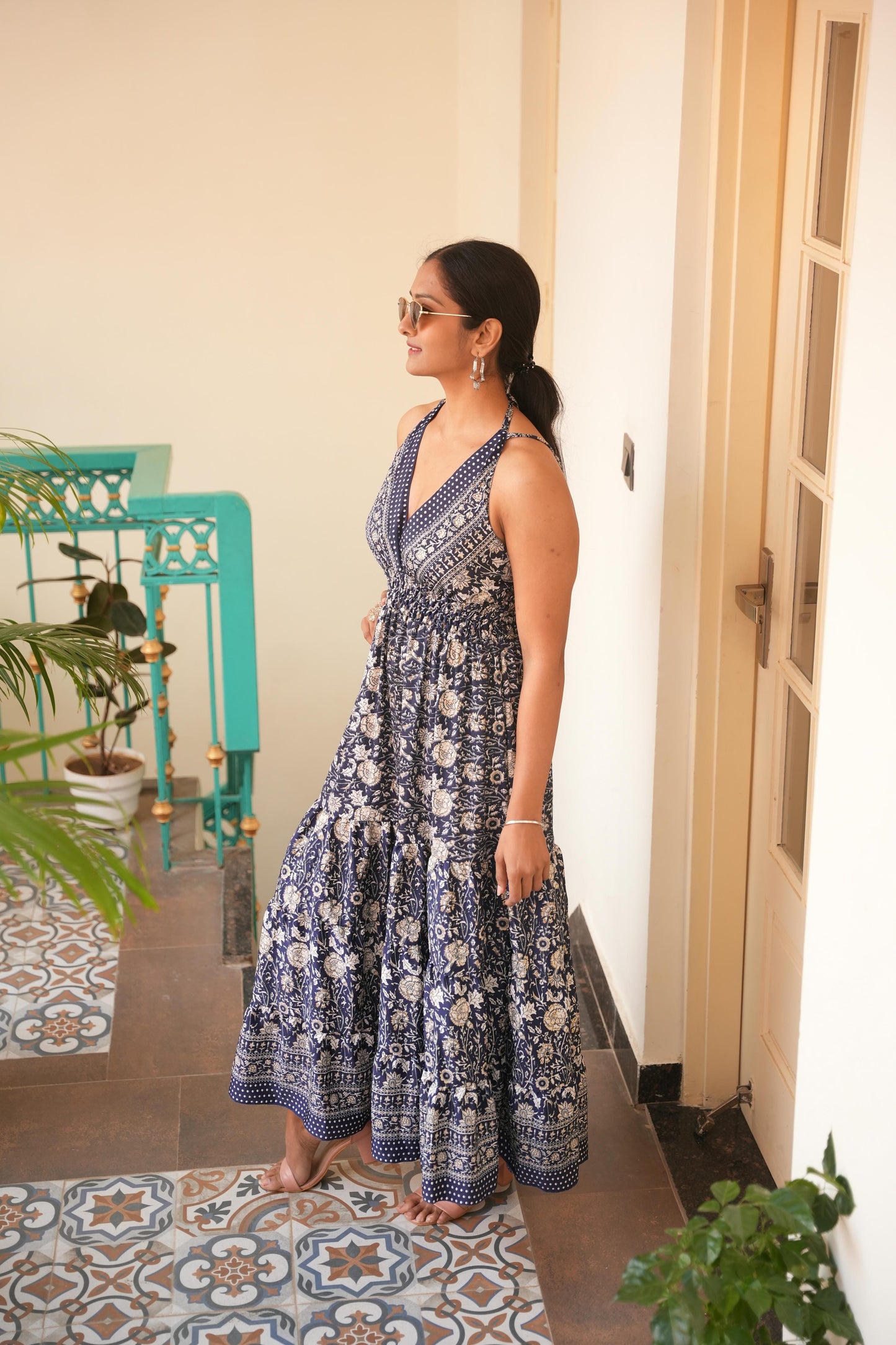 Victoria  jungleebille boho bule flower  doubel adjester long frill dress