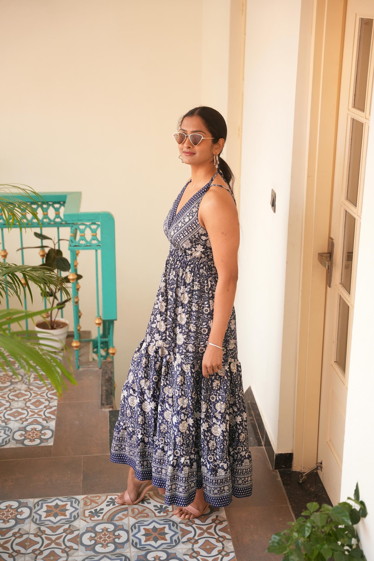 Victoria  jungleebille boho bule flower  doubel adjester long frill dress