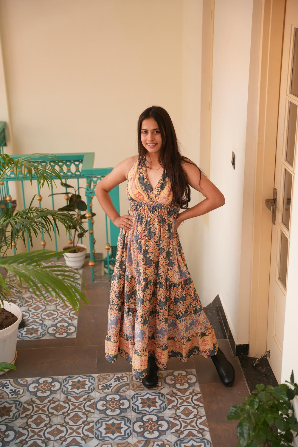 LENON JUNGLLEBILLE BLK-ORANGE GOLD SHADED DOUBEL FRILL BOHO LONG MAXI