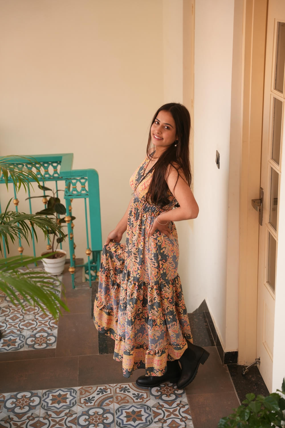 LENON JUNGLLEBILLE BLK-ORANGE GOLD SHADED DOUBEL FRILL BOHO LONG MAXI