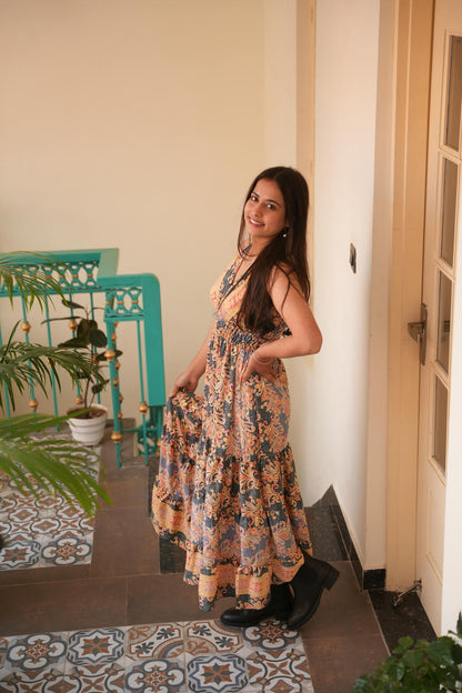 LENON JUNGLLEBILLE BLK-ORANGE GOLD SHADED DOUBEL FRILL BOHO LONG MAXI