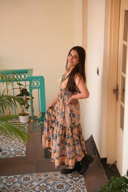 Lenon jungleebille boho blk-gry saded doubel edjester long frill dress