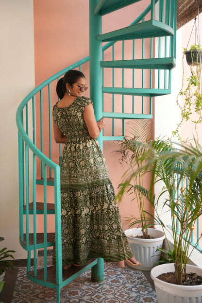 Olivia jungleebille boho olive green flower gold elastic long frill dress