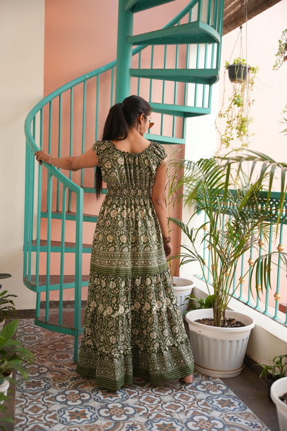 Olivia jungleebille boho olive green flower gold elastic long frill dress