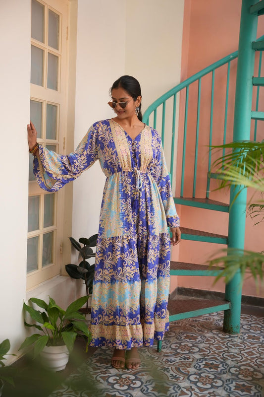 TALLULAH JUNGLLEBILLE TOURQUISE -BLUE SHADED BUTTON BUTTERFLY SLLEV LONG BOHO DRESS