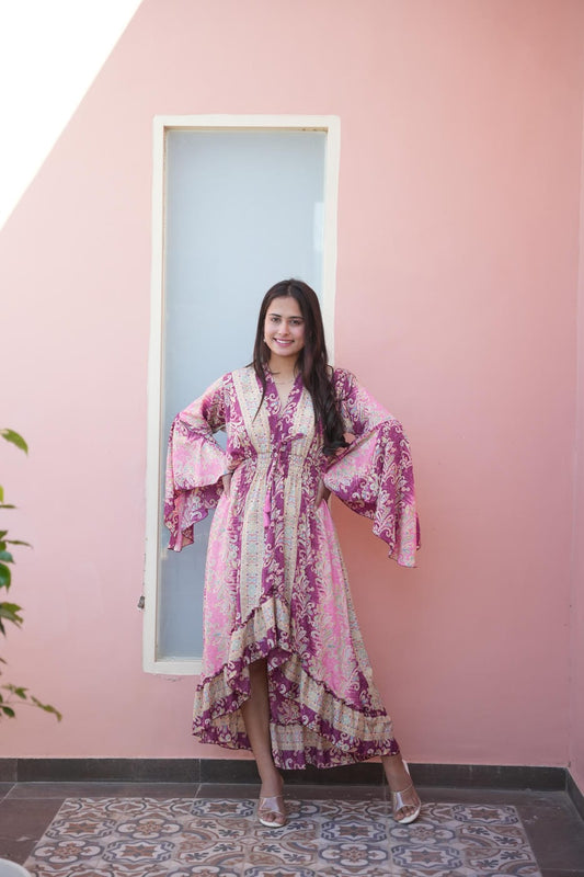 ZELLA JUNGLLEBILLE PINK MAJENTA BUTTERFLY SLEEV HIGH LOW BOHO DRESS