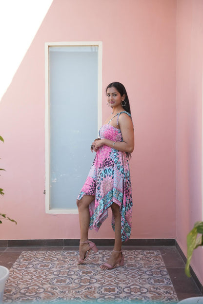 ABIGAIL JUNGLLEBILE PINK STRIPE LESS ASYMETRIC SHORT BOHO DRESS