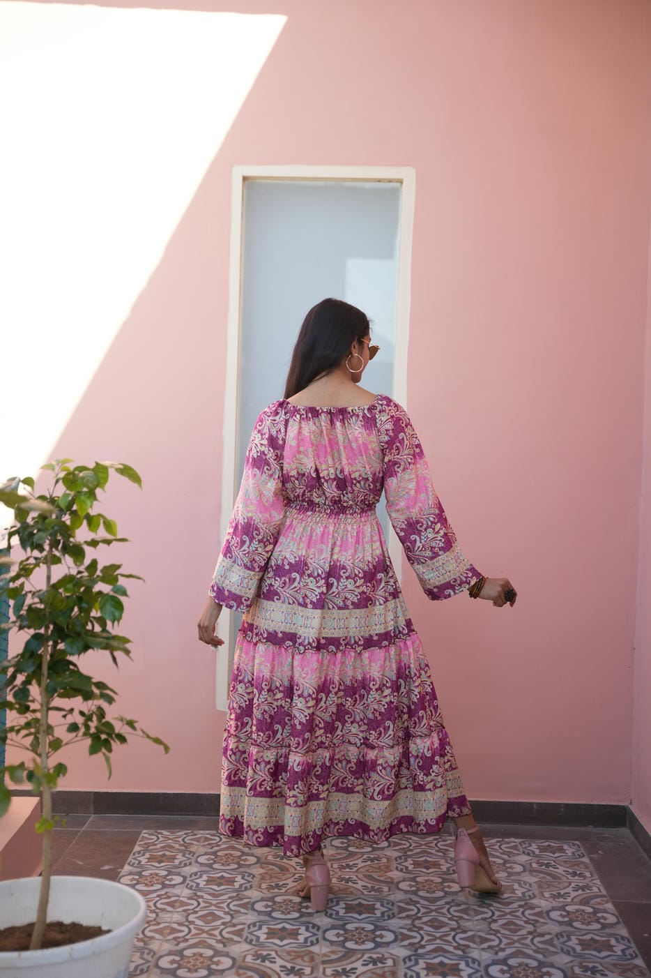 GYPSY JUNGLLE BILLE PURPEL-PINK COLD SHOULDER LONG  BOHO MAXI