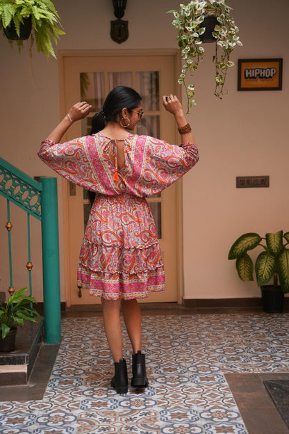 CORALINA JUNGLLEBILLE PINK PEJALI BOHO SHORT FRILL DRESS